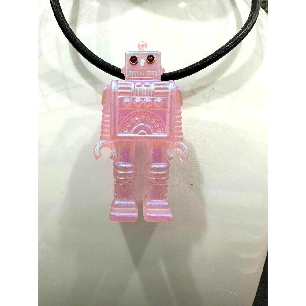 Robot Pendant Pâte De Verré Pink Glass Ruby Eyes In 14k by Gregory Burgard New